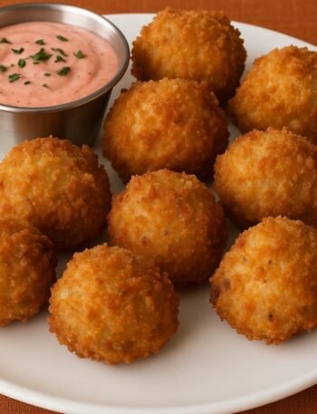Golden fried mushrooms with a crispy coating served on a plate with dipping sauce.