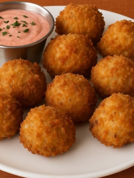 Golden fried mushrooms with a crispy coating served on a plate with dipping sauce.