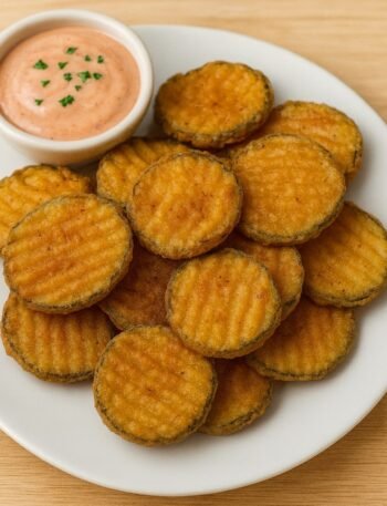 Golden fried pickle slices with a crispy coating served with dipping sauce.
