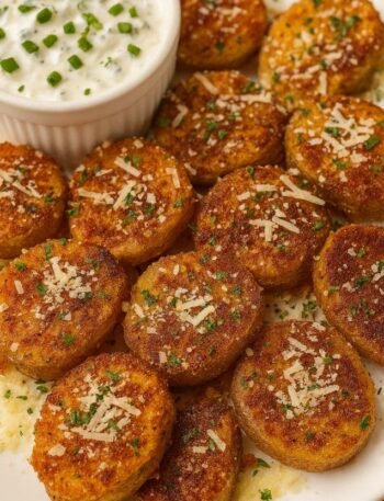 Golden oven-baked potato halves coated with parmesan cheese and herbs on a baking tray.