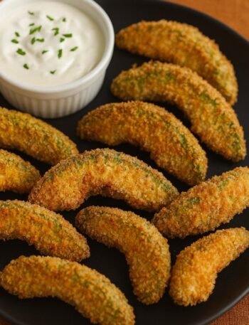 Golden fried avocado slices with a crunchy coating and creamy green interior on a serving plate.