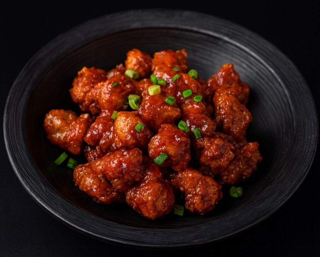 Golden fried chicken bites drizzled with creamy bang bang sauce and garnished with green onions.
