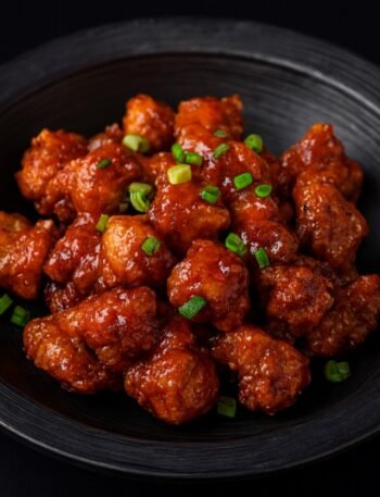 Golden fried chicken bites drizzled with creamy bang bang sauce and garnished with green onions.