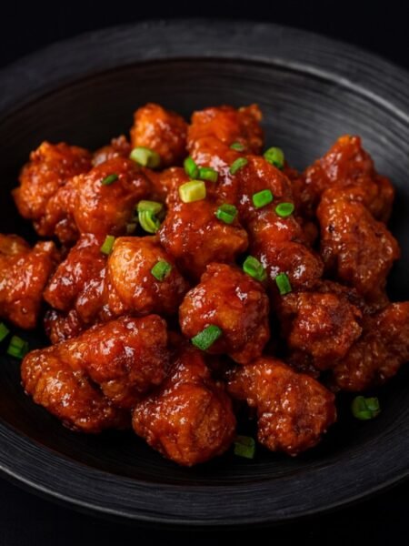 Golden fried chicken bites drizzled with creamy bang bang sauce and garnished with green onions.