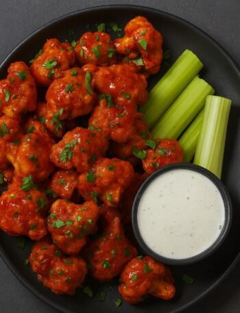 Buffalo fried cauliflower recipe with crispy golden bites coated in spicy buffalo sauce