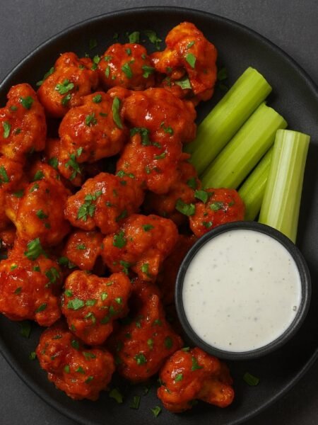Buffalo fried cauliflower recipe with crispy golden bites coated in spicy buffalo sauce