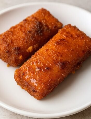 Crispy golden mozzarella sticks coated in spicy Nashville hot seasoning with melted cheese inside.