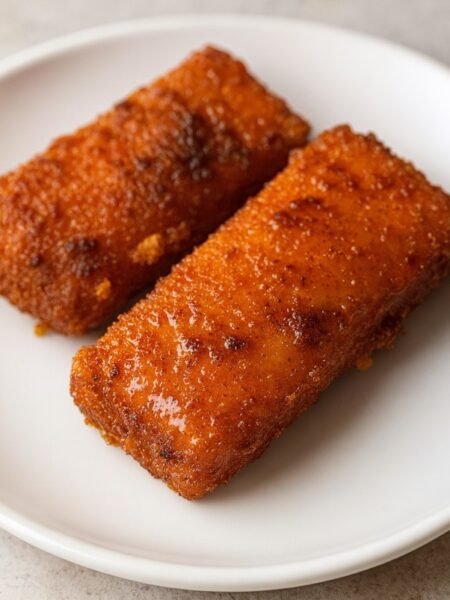 Crispy golden mozzarella sticks coated in spicy Nashville hot seasoning with melted cheese inside.