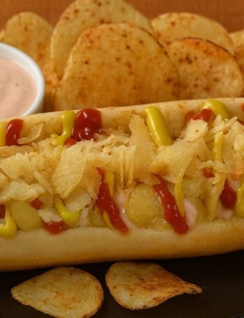 Colombian hot dogs recipe with sausage in a bun topped with pineapple sauce, crushed chips, cheese, and pink sauce