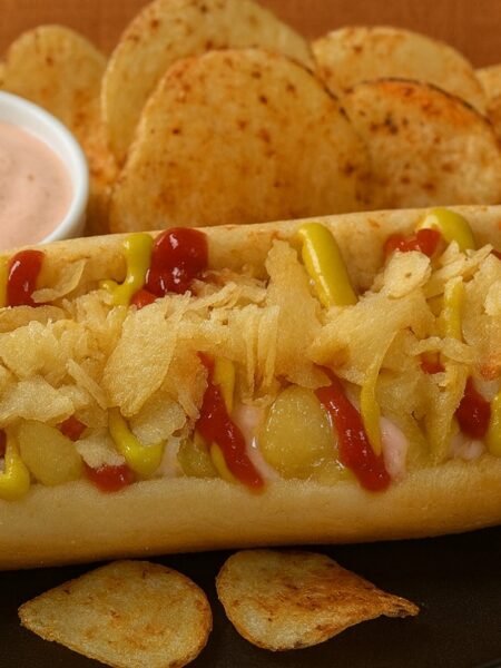 Colombian hot dogs recipe with sausage in a bun topped with pineapple sauce, crushed chips, cheese, and pink sauce