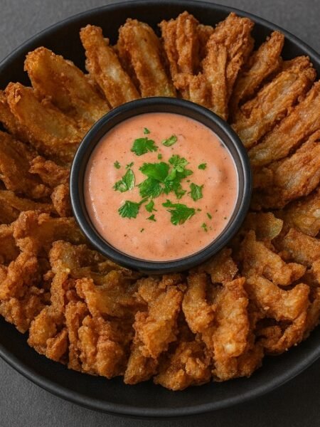 Famous bloomin’ onion recipe with crispy golden onion petals served with dipping sauce