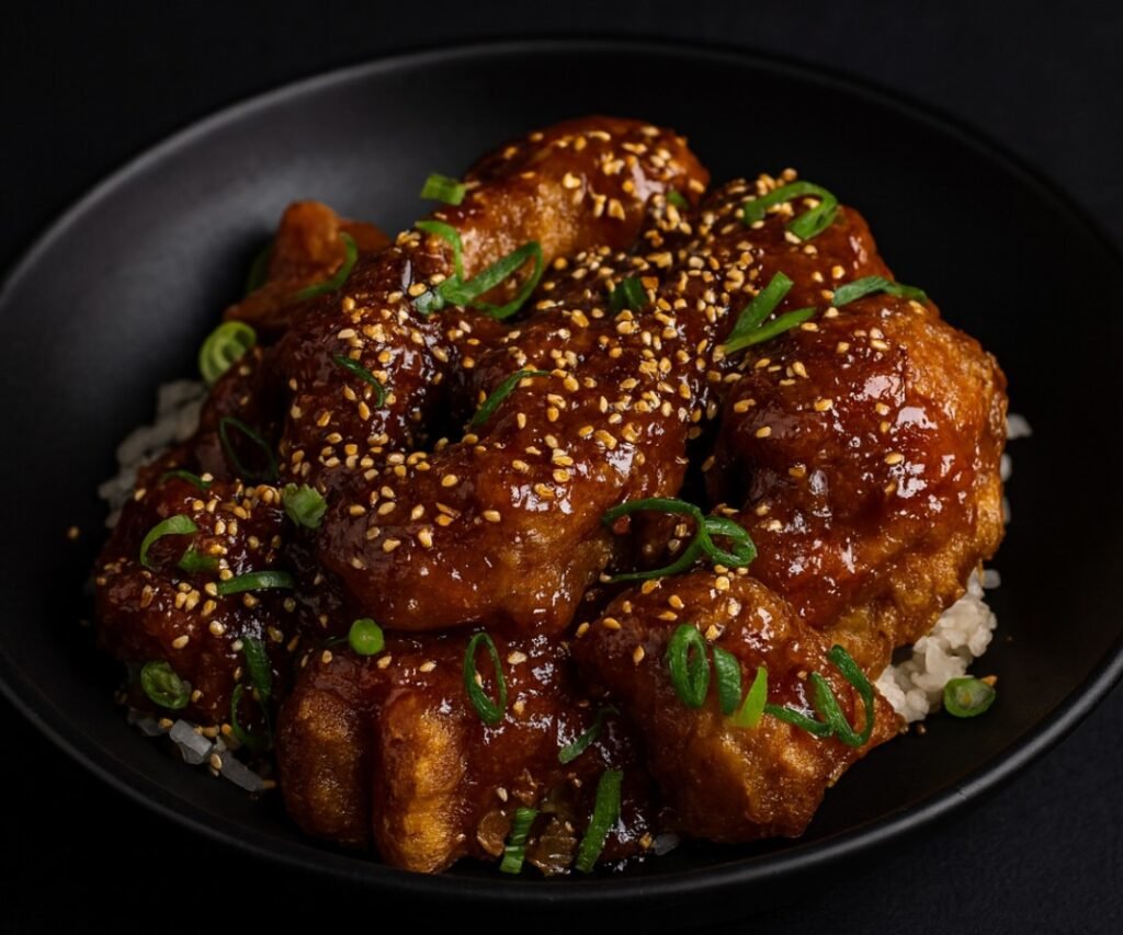 Golden fried chicken pieces coated in a glossy sweet-spicy General Tso’s sauce with broccoli.