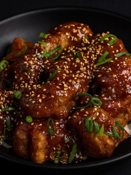 Golden fried chicken pieces coated in a glossy sweet-spicy General Tso’s sauce with broccoli.