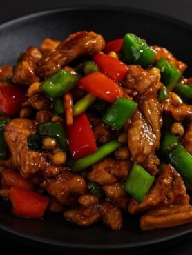 Stir-fried chicken with bell peppers, peanuts, and chili peppers coated in a glossy Kung Pao sauce.