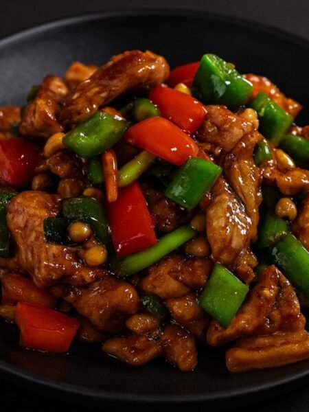 Stir-fried chicken with bell peppers, peanuts, and chili peppers coated in a glossy Kung Pao sauce.