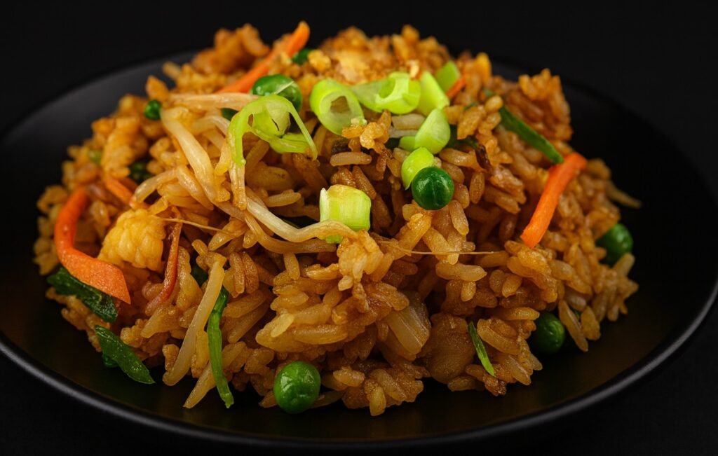 A bowl of fried rice with eggs, peas, carrots, and scallions tossed in soy sauce.