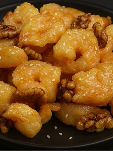 Golden fried shrimp coated in a creamy honey sauce and topped with candied walnuts.