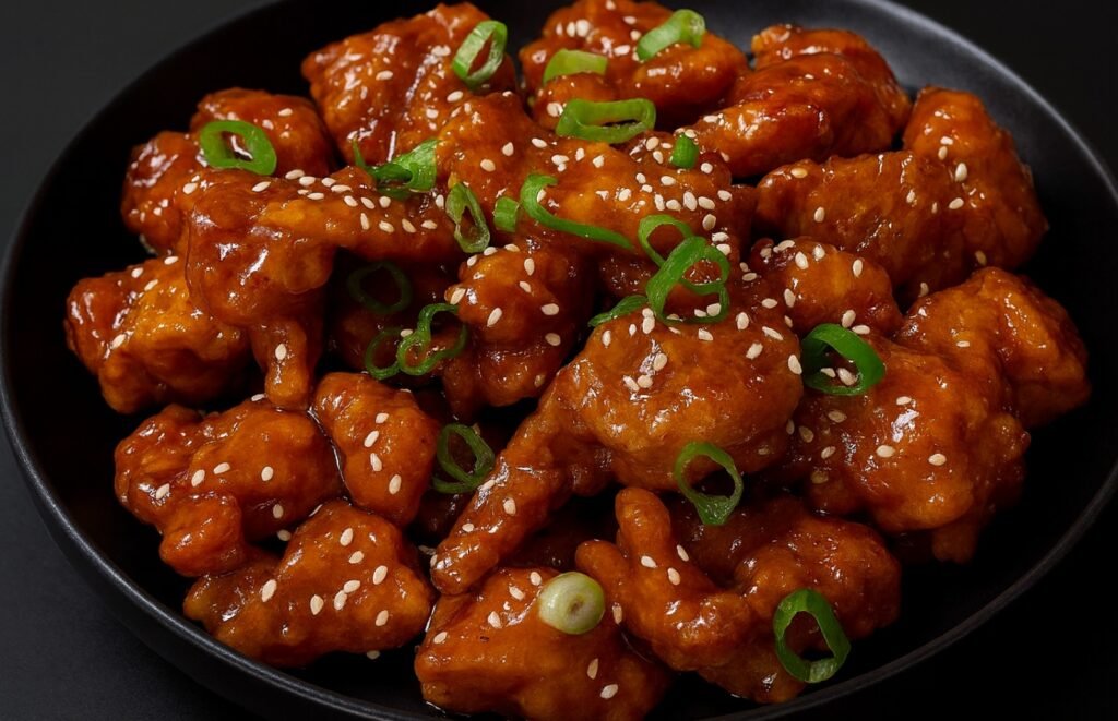 Crispy golden chicken bites coated in a glossy orange sauce and garnished with green onions.
