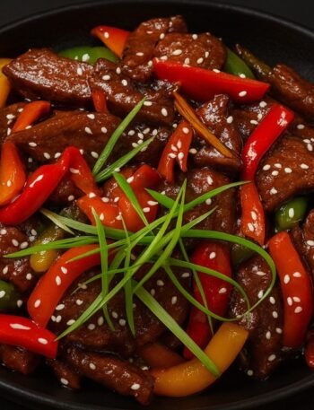 Slices of beef stir-fried with red and green bell peppers in a savory soy garlic sauce.