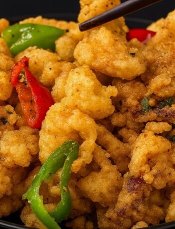 Crispy calamari rings tossed with garlic, sliced chilies, and green onions on a serving plate.