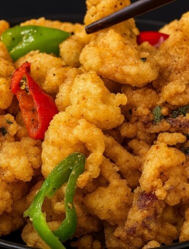 Crispy calamari rings tossed with garlic, sliced chilies, and green onions on a serving plate.