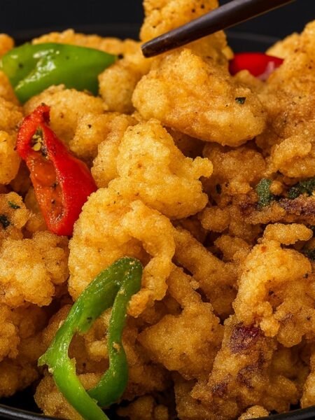 Crispy calamari rings tossed with garlic, sliced chilies, and green onions on a serving plate.