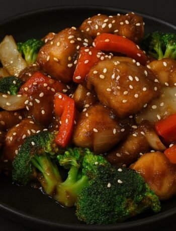 Crispy chicken pieces coated in a glossy sesame sauce and garnished with sesame seeds and green onions.