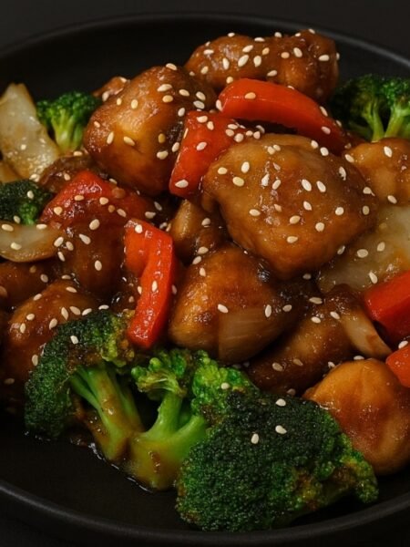 Crispy chicken pieces coated in a glossy sesame sauce and garnished with sesame seeds and green onions.