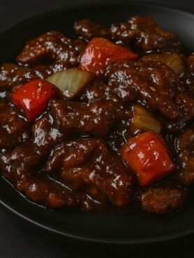 Crispy beef strips tossed with red and green bell peppers and onions in a glossy sweet-spicy sauce.