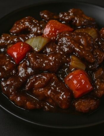 Crispy beef strips tossed with red and green bell peppers and onions in a glossy sweet-spicy sauce.