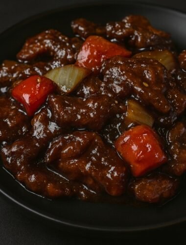 Crispy beef strips tossed with red and green bell peppers and onions in a glossy sweet-spicy sauce.