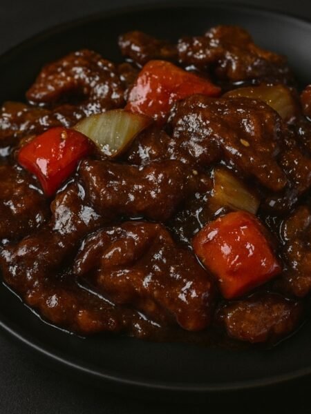 Crispy beef strips tossed with red and green bell peppers and onions in a glossy sweet-spicy sauce.