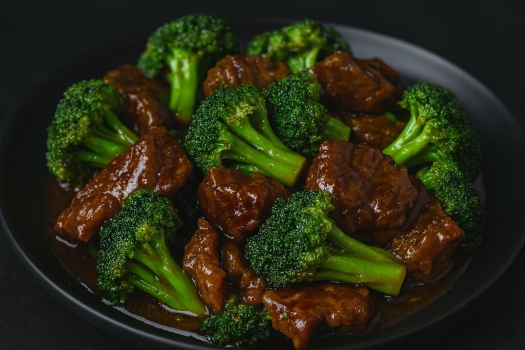 Slices of beef stir-fried with crisp broccoli florets coated in a savory garlic soy sauce.
