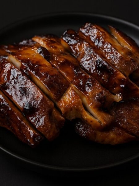 Juicy grilled chicken thighs sliced and glazed with a thick teriyaki sauce, topped with green onions.