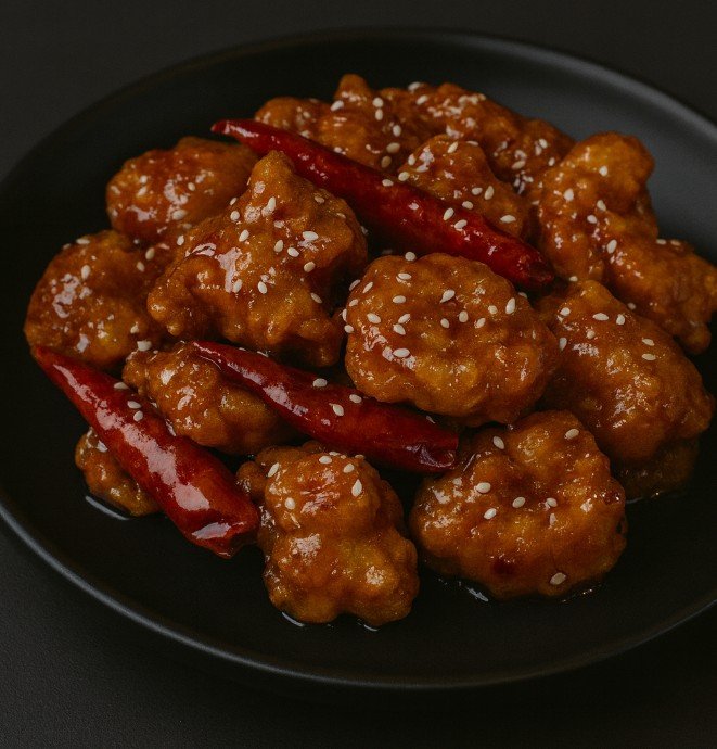 Crispy chicken bites coated in a glossy orange chili glaze, garnished with sesame seeds and green onions.