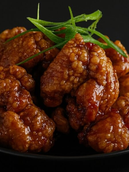 Golden fried chicken bites coated in a sticky orange glaze and topped with sesame seeds and green onions.