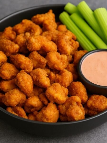 Crispy popcorn chicken recipe with golden bite-sized fried chicken pieces served with dipping sauce