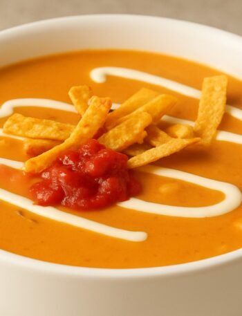 A bowl of creamy chicken enchilada soup topped with shredded cheese and tortilla strips.