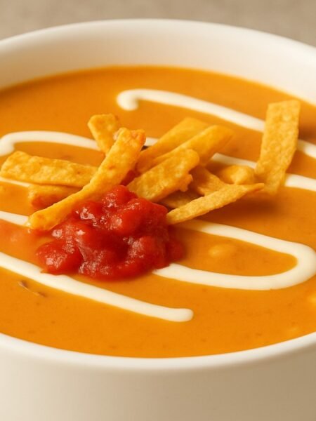 A bowl of creamy chicken enchilada soup topped with shredded cheese and tortilla strips.