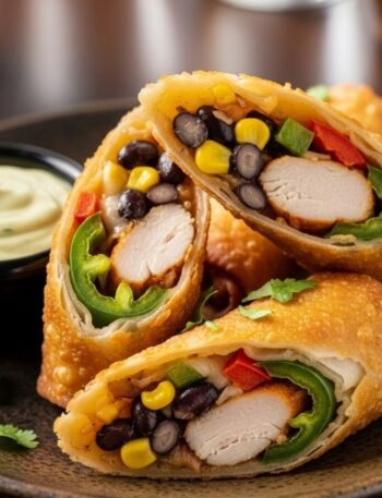 Crispy golden eggrolls stuffed with chicken, corn, beans, and melted cheese served with dipping sauce.