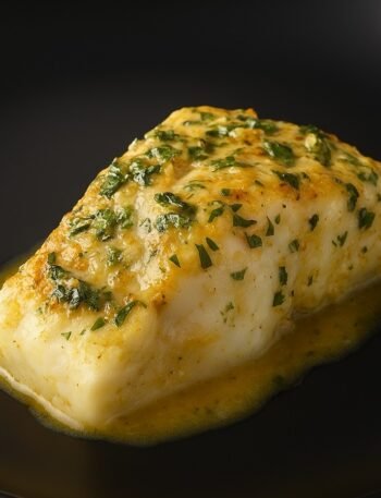 Baked cod fillets topped with garlic herb butter and lemon slices – easy, healthy seafood dinner recipe.