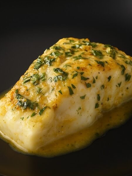 Baked cod fillets topped with garlic herb butter and lemon slices – easy, healthy seafood dinner recipe.