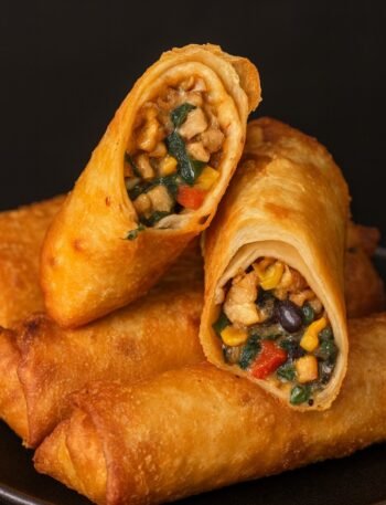 Crispy Chili’s Southwestern Eggrolls cut open to show chicken, black beans, corn, cheese, and Tex-Mex spices, served with avocado-ranch dipping sauce.