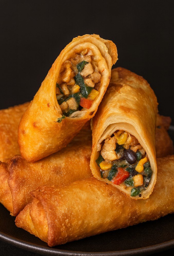 Crispy Chili’s Southwestern Eggrolls cut open to show chicken, black beans, corn, cheese, and Tex-Mex spices, served with avocado-ranch dipping sauce.